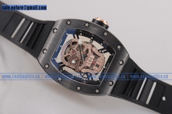 Richard Mille RM052 Watch Perfect Replica PVD/Rose Gold Black Rubber Skull Dial - Click Image to Close